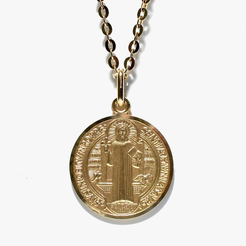 SOLID 14K YELLOW GOLD ST SAINT BENEDICT 17 MM MEDAL WITH CROSS, MADE IN ITALY - Picture 2 of 7